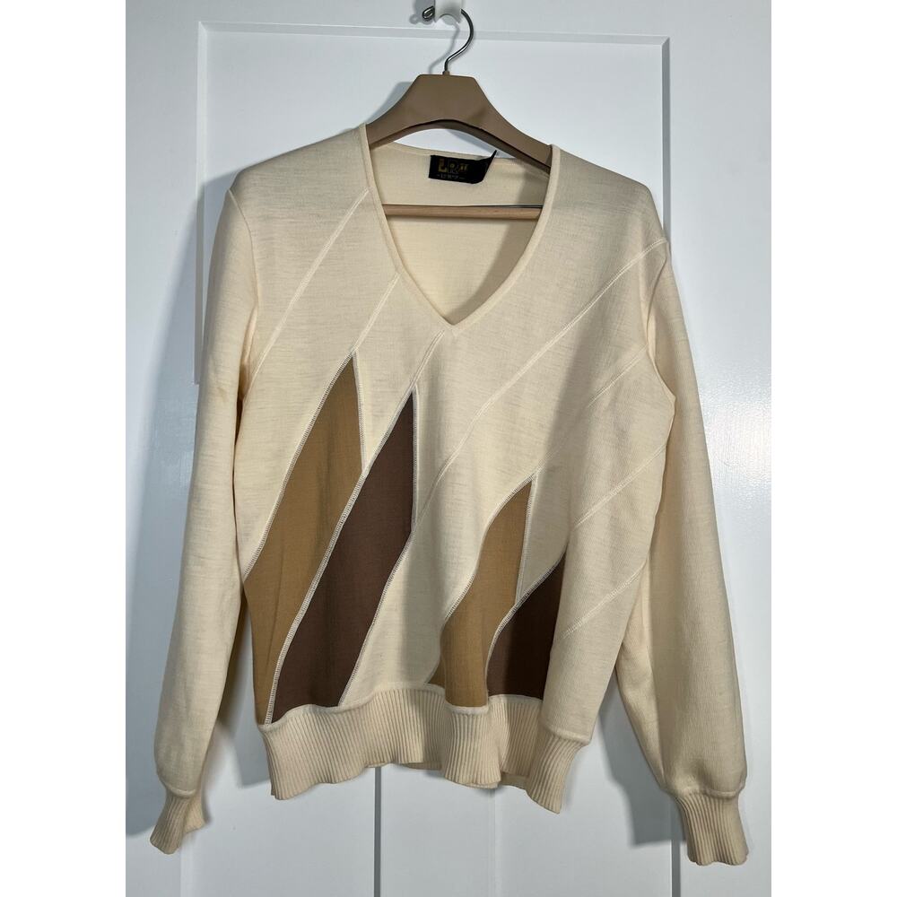 Vintage LeRoy II Men's Sweater Tan Beige LARGE 100% Wool Grandpa